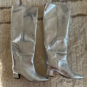 Silver OTK Square Toe Metallic Wide Shaft Boots